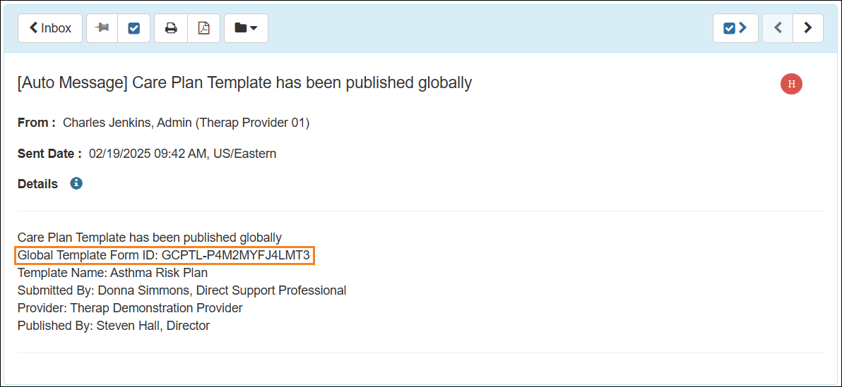 Screenshot showing the published SComm message.