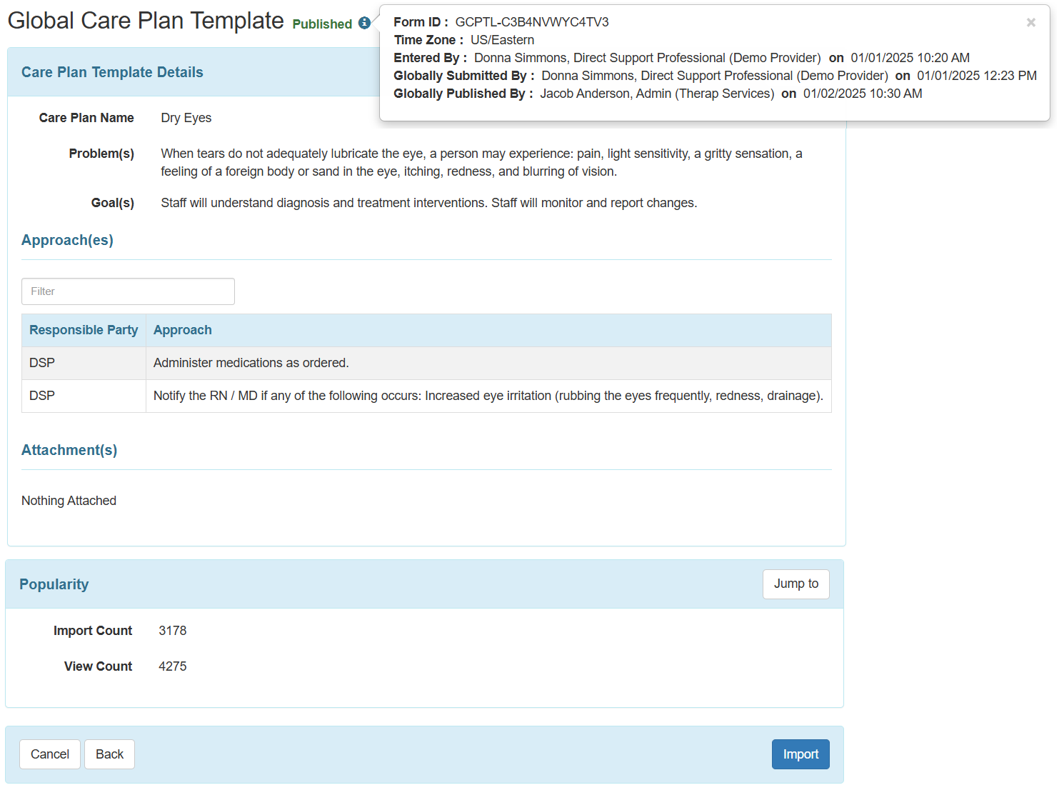Screenshot showing the new user interface for Global Care Plan Template.