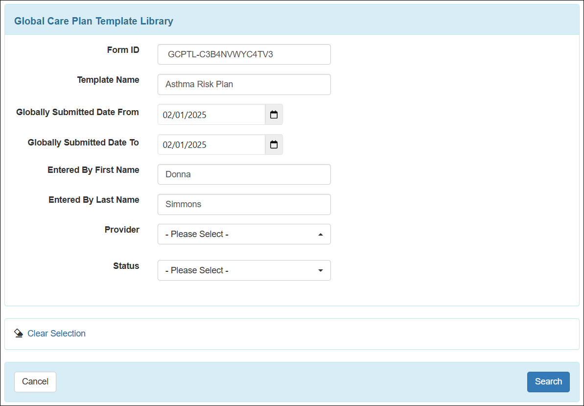 Screenshot showing the Global Care Plan Template Library search page.