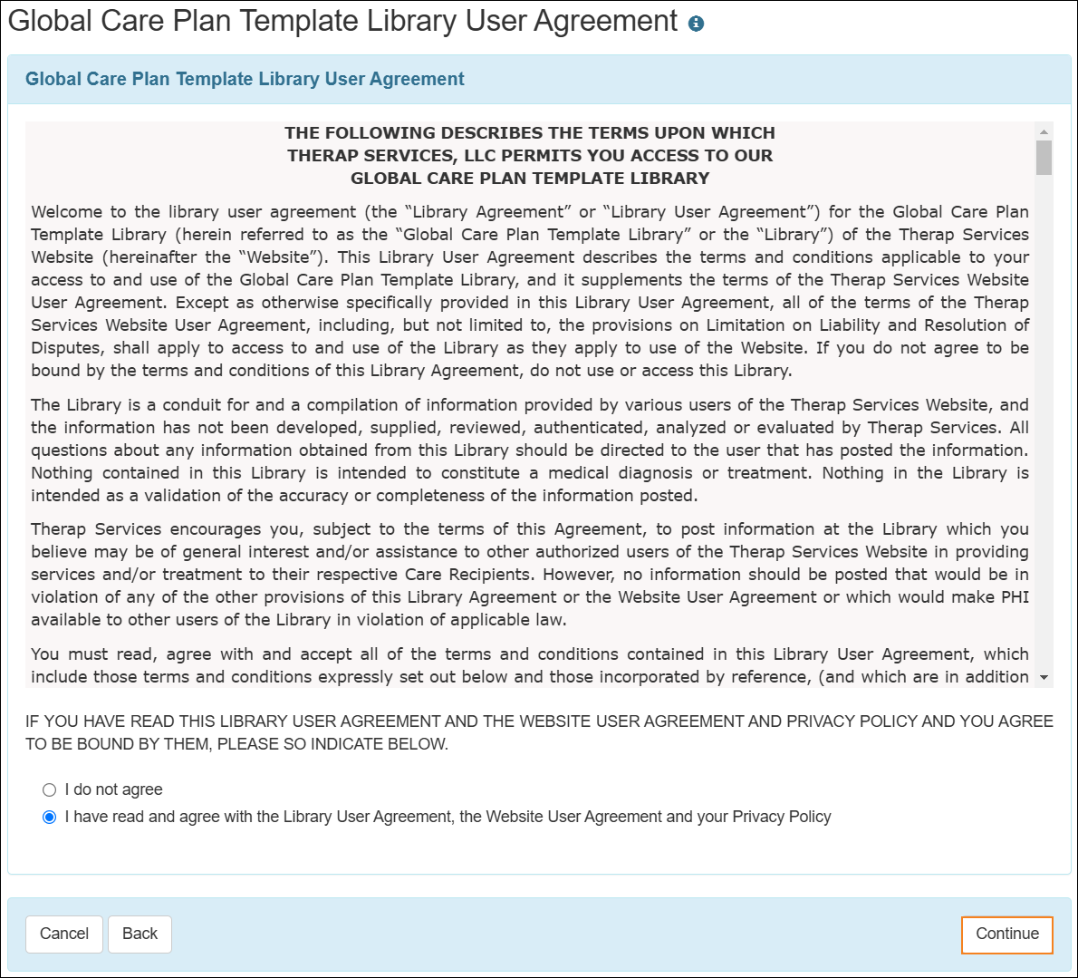 Screenshot showing the Global Care Plan Template Library User Agreement page.