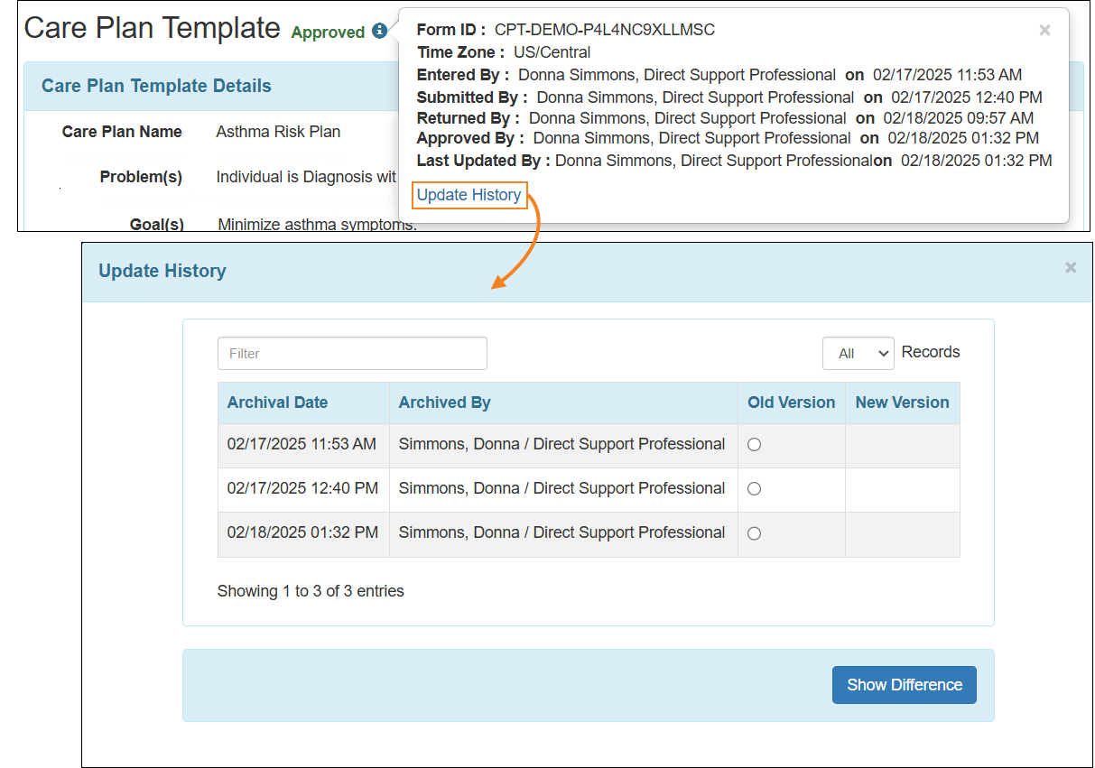Screenshot showing the 'i' icon fileds and Update History link.