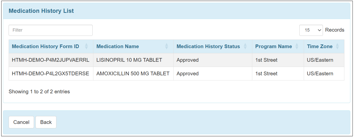 The image displays the Medication History List.
