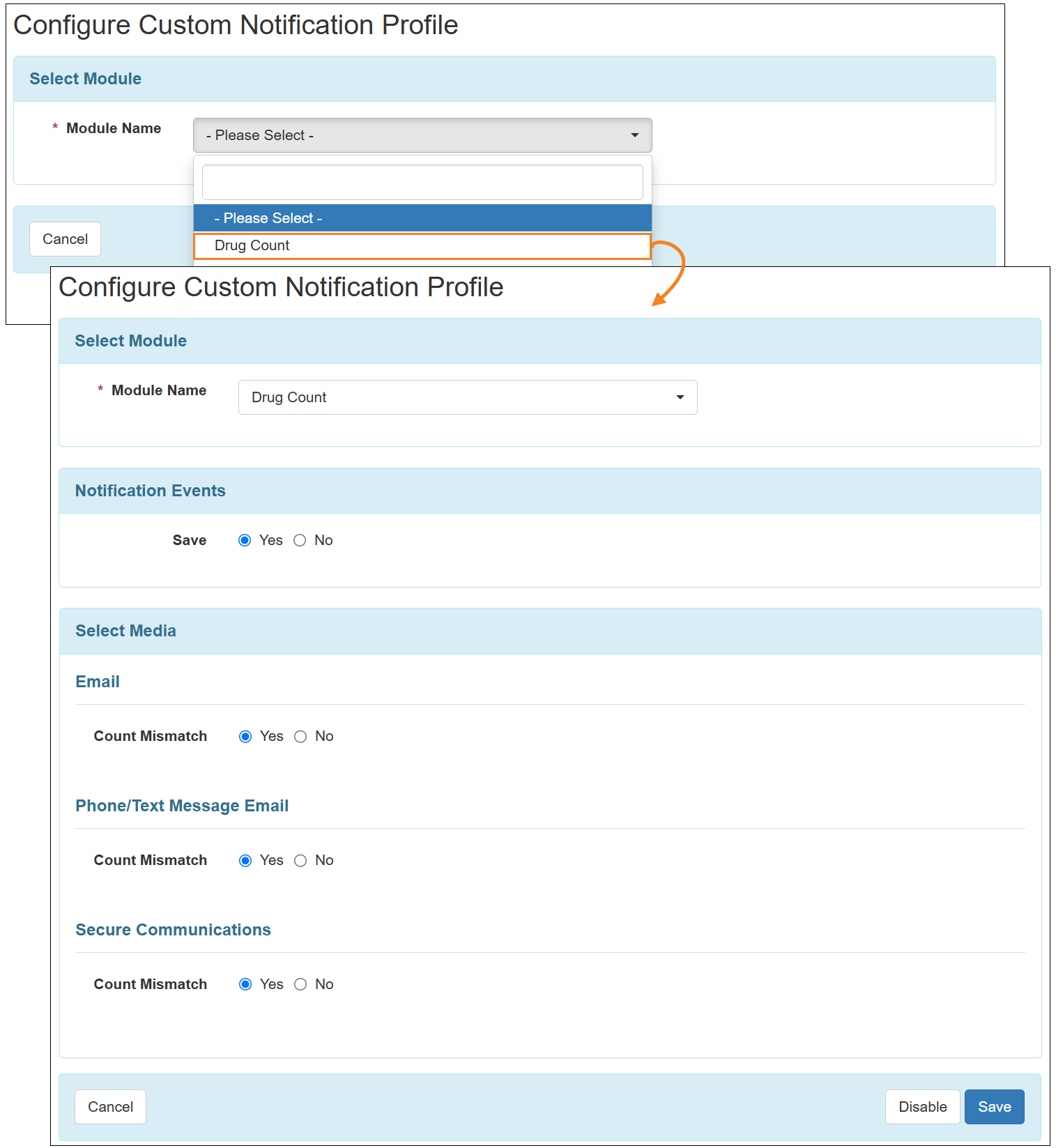 Image of the Configure Custom Notification Profile page highlighting that selecting a Module Name will lead to its Configure Custom Notification Profile page.