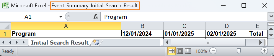 Screenshot showing the Excel Export of the ‘Initial Search Result’ page of Event Summary.