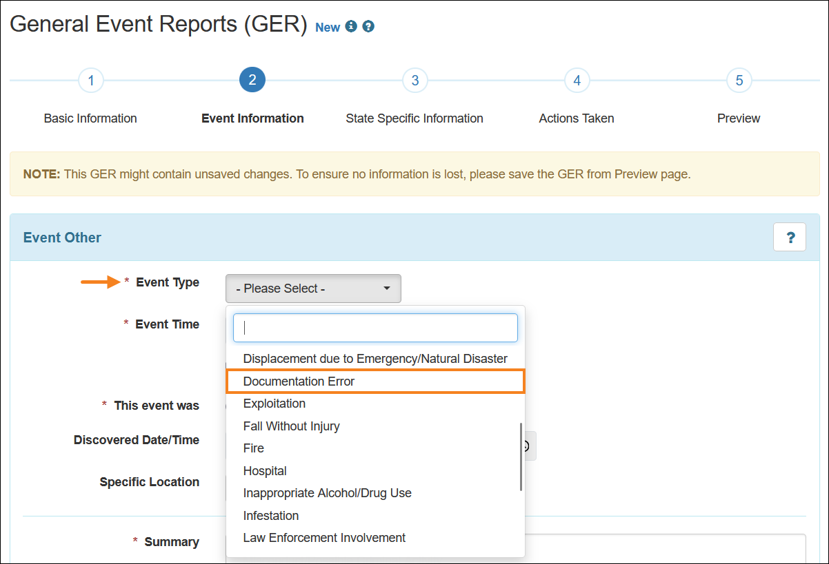 Screenshot showing the GER Documentation Error option.