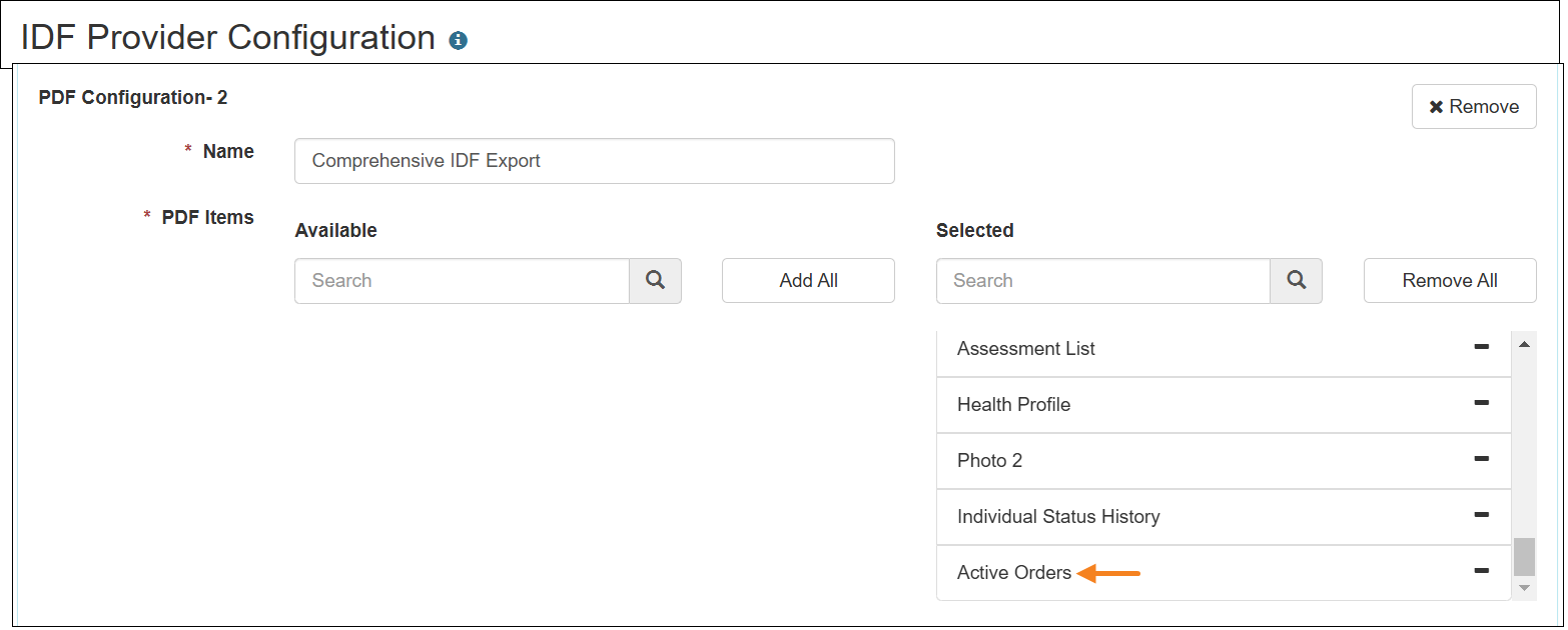 Screenshot of the PDF Configuration showing the Active Orders option
