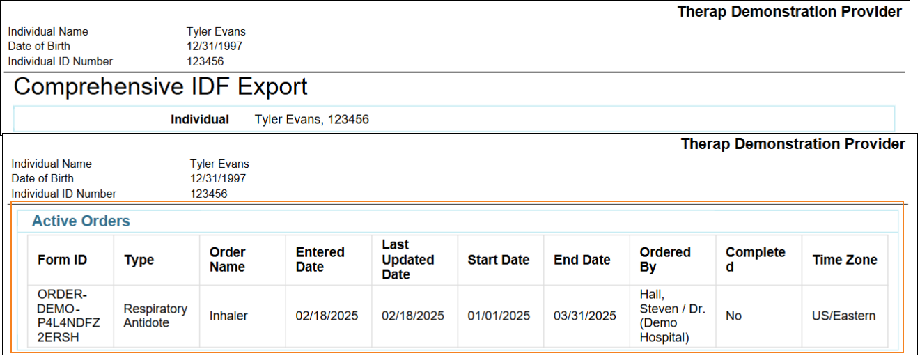 Screenshot of the PDF showing the Active Orders section
