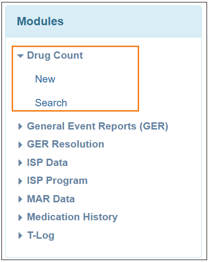 Image of the 'Modules' section highlighting the 'New' and 'Search' links.