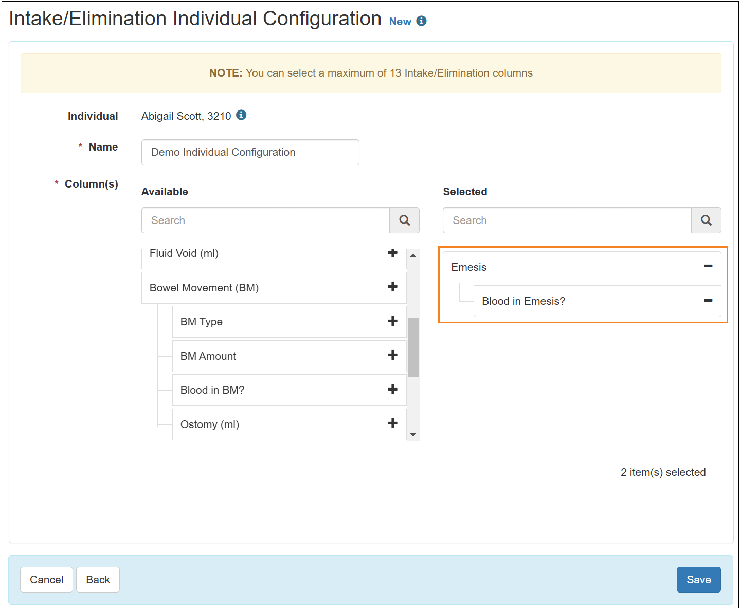 Image of the Intake/Elimination Individual Configuration page.