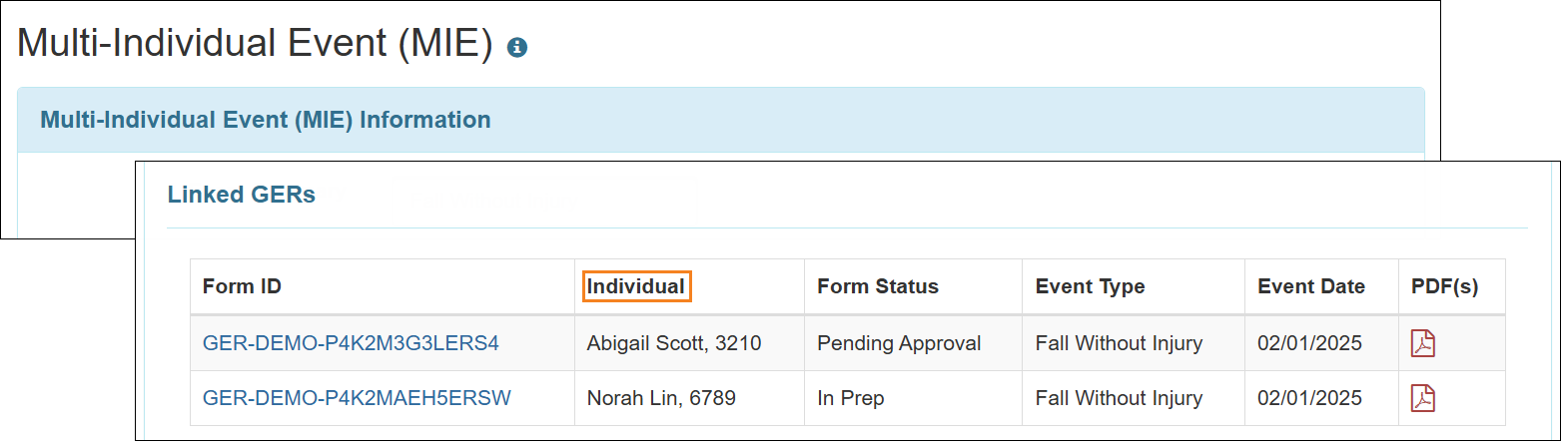 Screenshot showing the Linked GERs section of the MIE Form