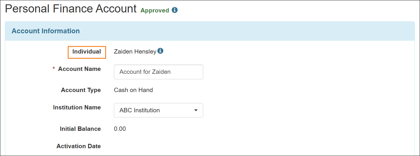 Screenshot showing the Account Information section of the Personal Finance Account form