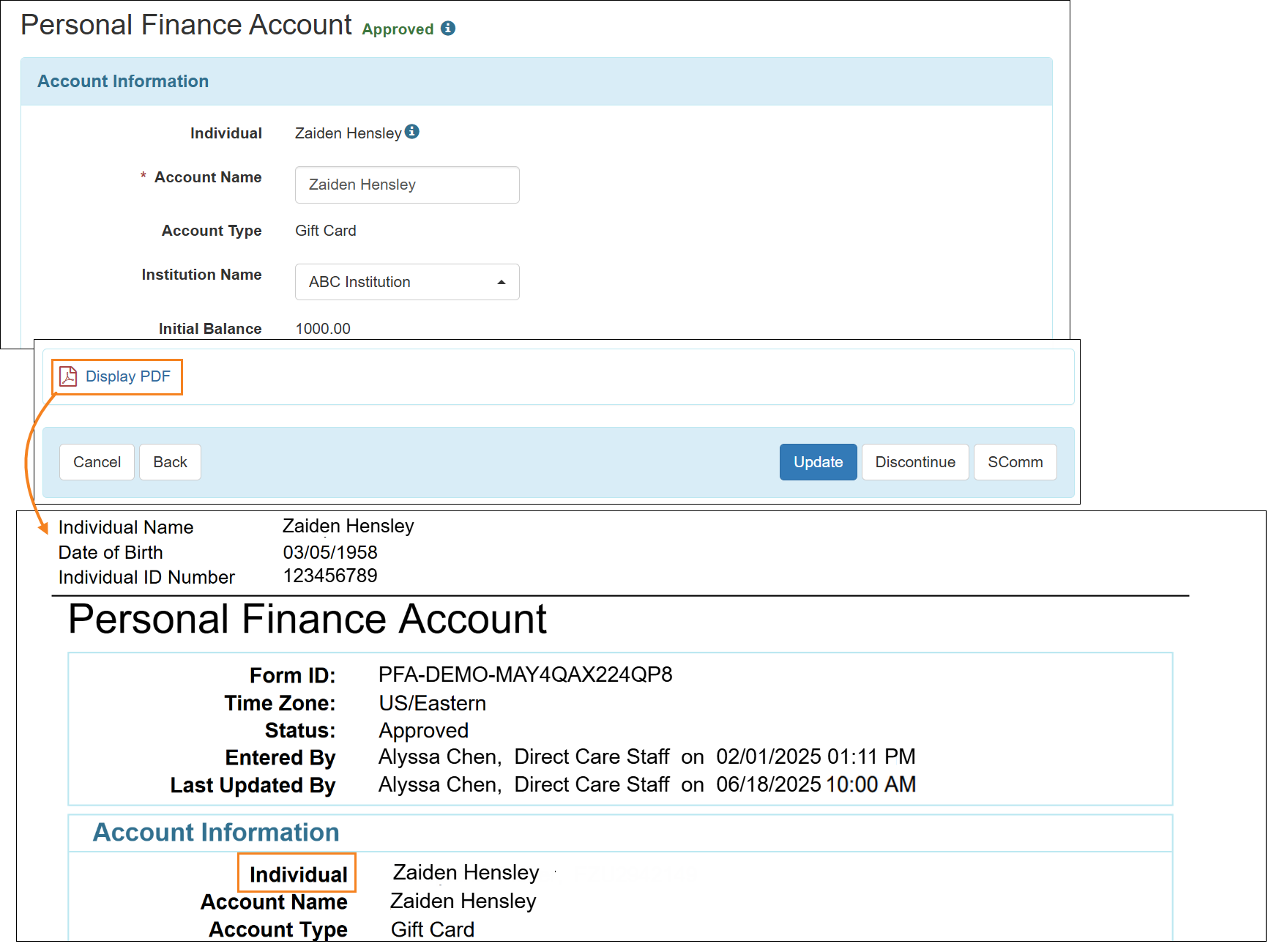 Screenshot showing the PDF of the Personal Finance Account form