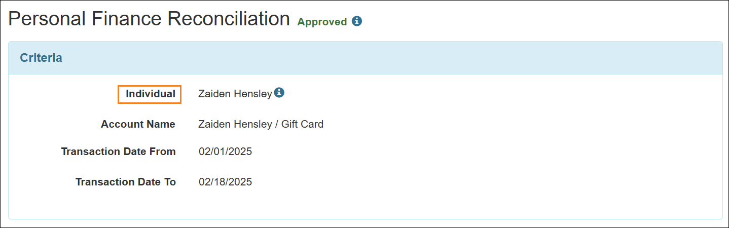 Screenshot showing the Criteria section of the Personal Finance Reconciliation form.