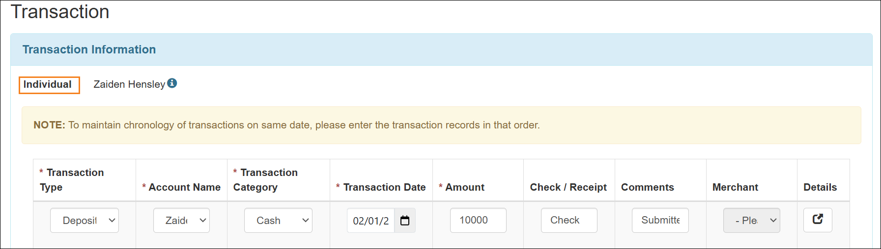 Screenshot showing the Transaction Information section of the Transaction Entry