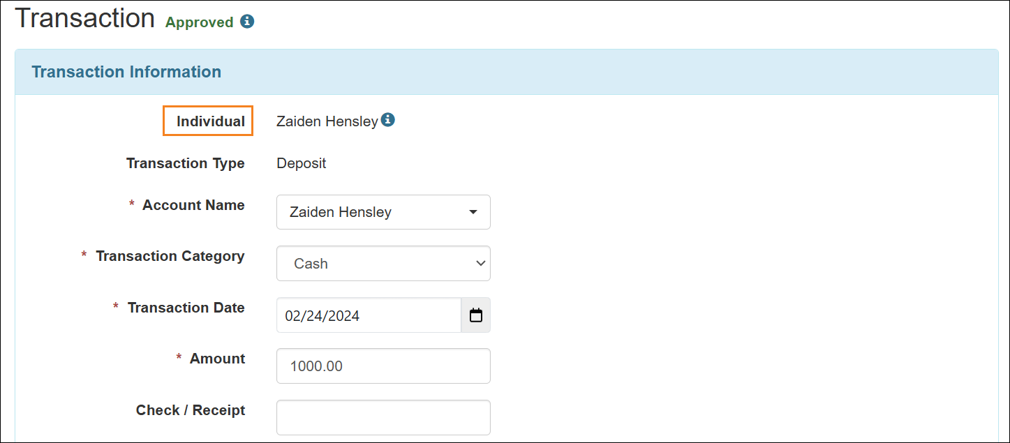 Screenshot showing the Transaction Information section of the Transaction form