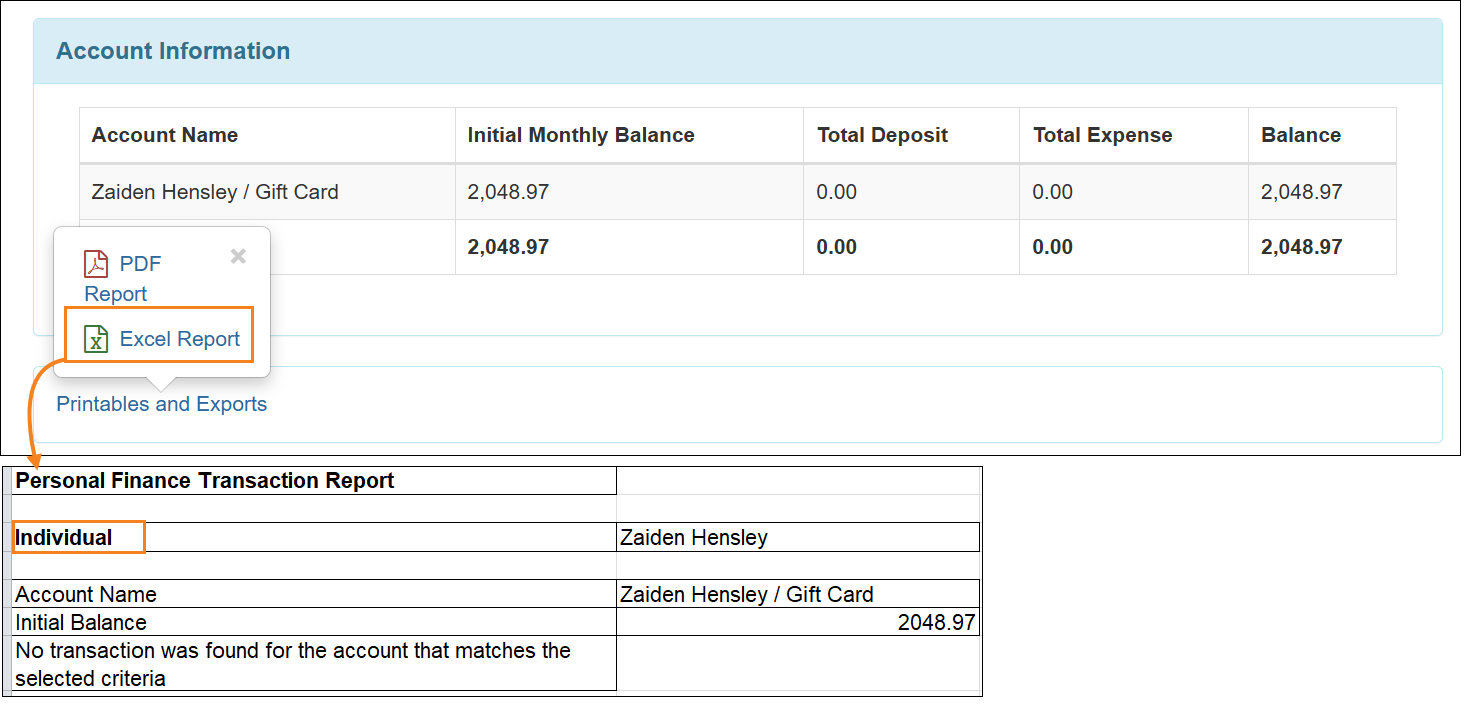 Screenshot showing the Excel of the Personal Finance Transaction Report 