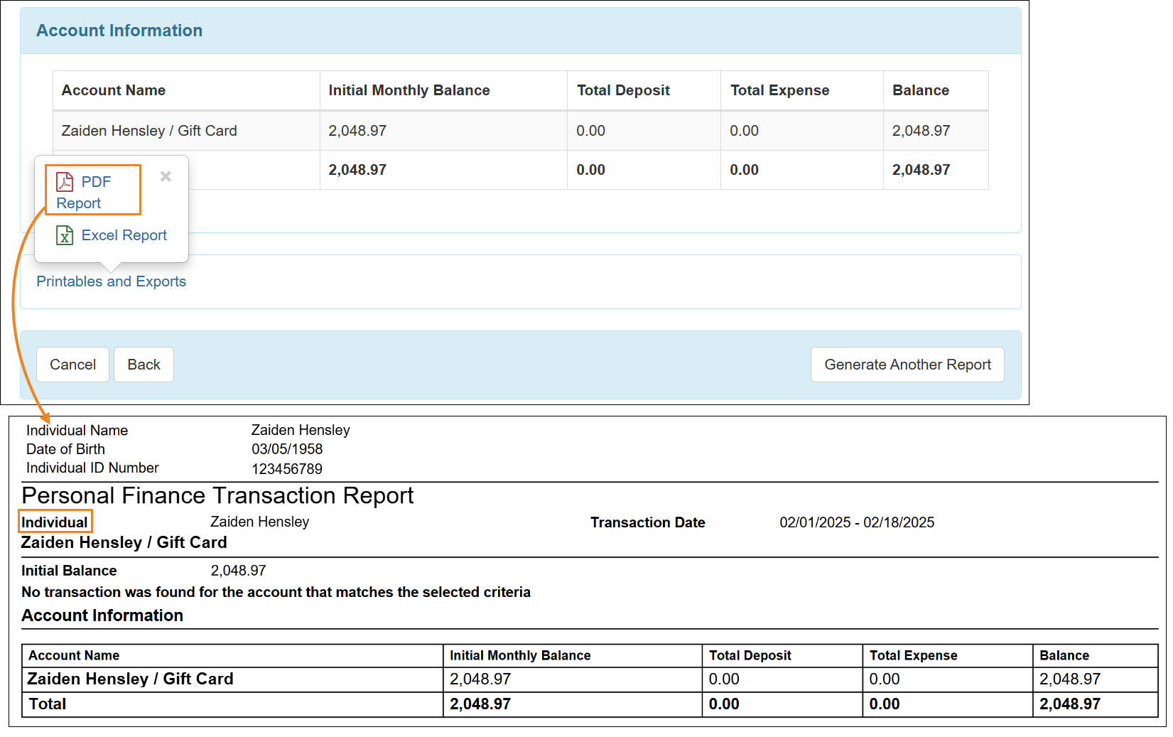 Screenshot showing the PDF of the Personal Finance Transaction Report 