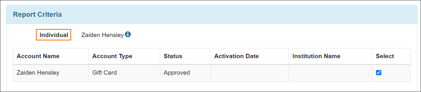 Screenshot showing the Report Criteria Section of the Personal Finance Transaction Report Criteria page