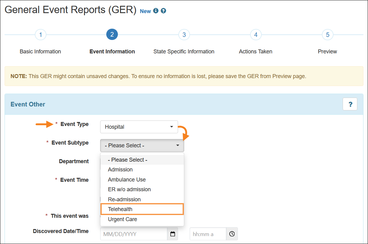 Screenshot showing the GER Telehealth option.