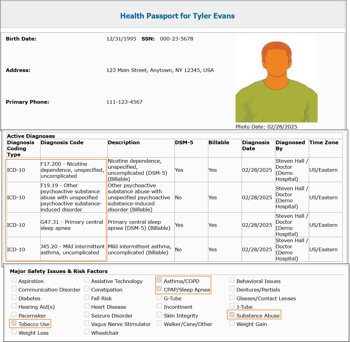 Screenshot of the Health passport showing the risk factors