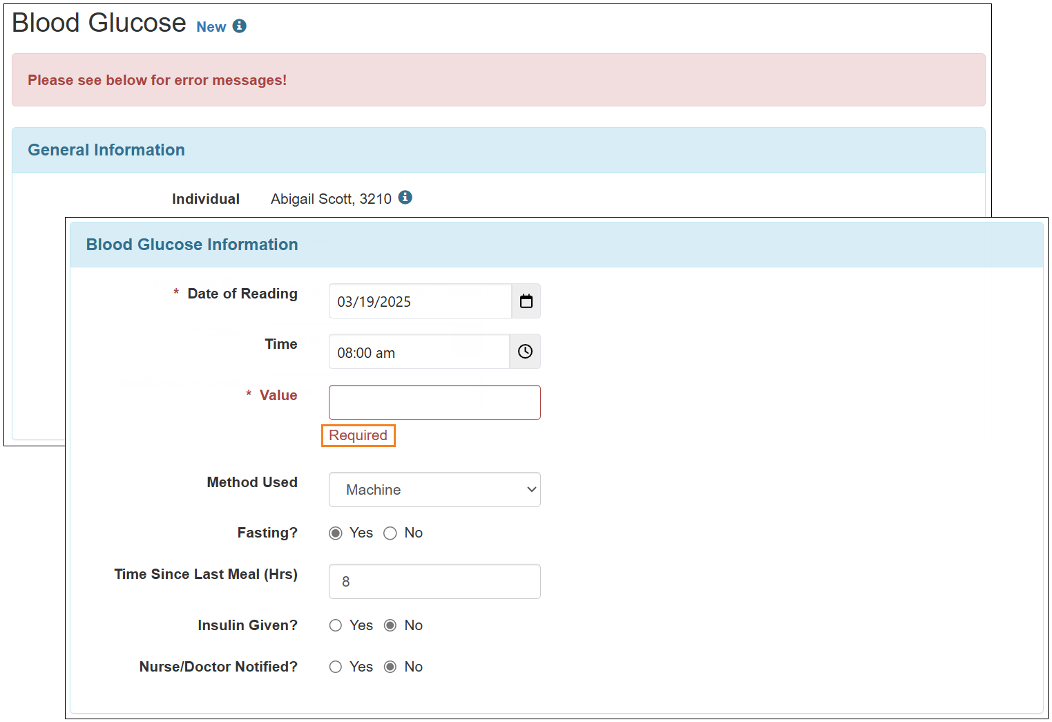 Screenshot showing the Required validation message for the Value field in the Blood Glucose form.