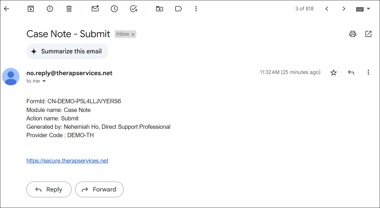 Screenshot of Case Note Notification in Email.