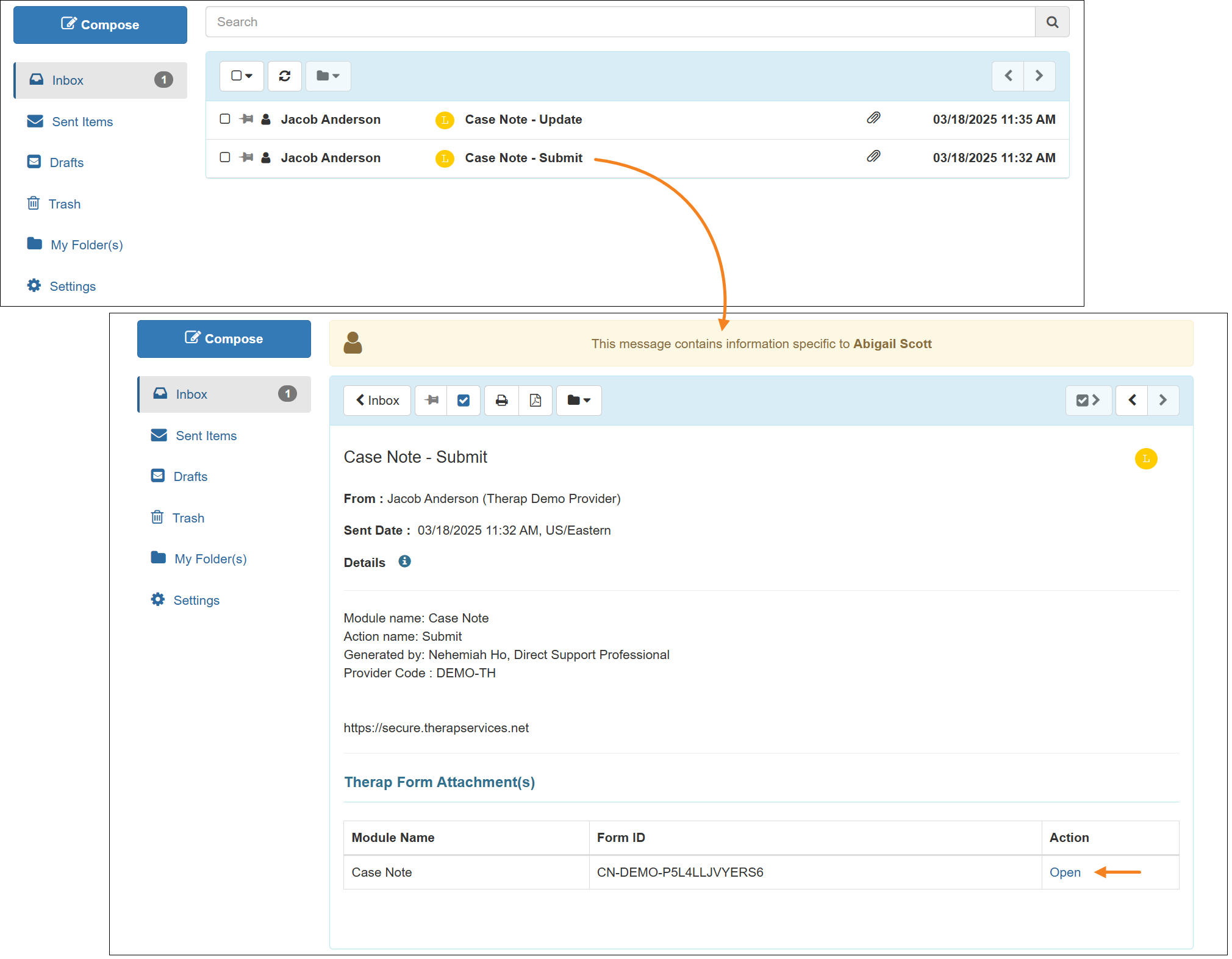 Screenshot of Case Note Notification in SComm.
