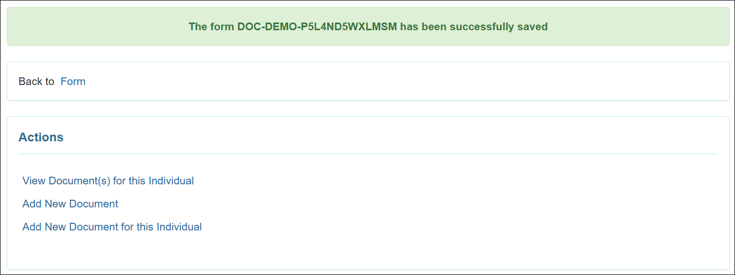 An image of the success page after saving an individual document.