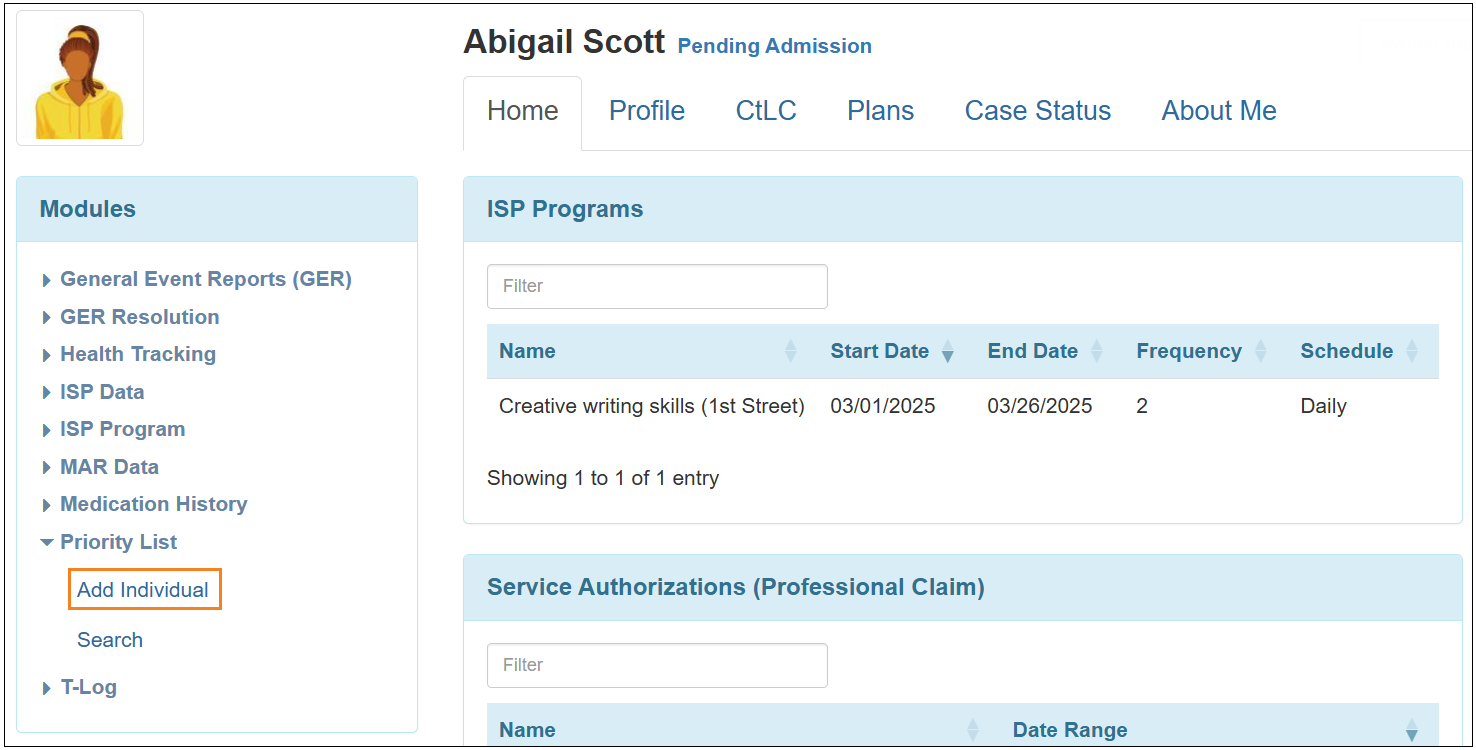 Screenshot showing the Add Individual link of the Priority List section of the Individual Home Page.
