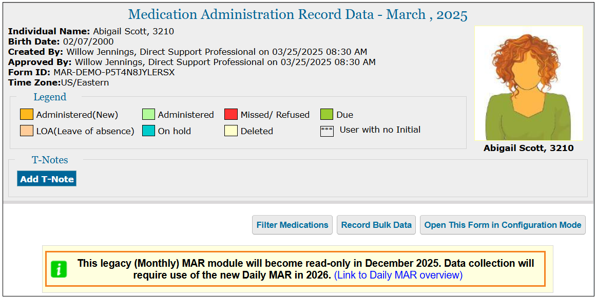 Screenshot showing the message at the top of the Monthly MAR that the legacy (Monthly) MAR module will become read-only in December 2025 and data collection will require users to use the new Daily MAR module in 2026.