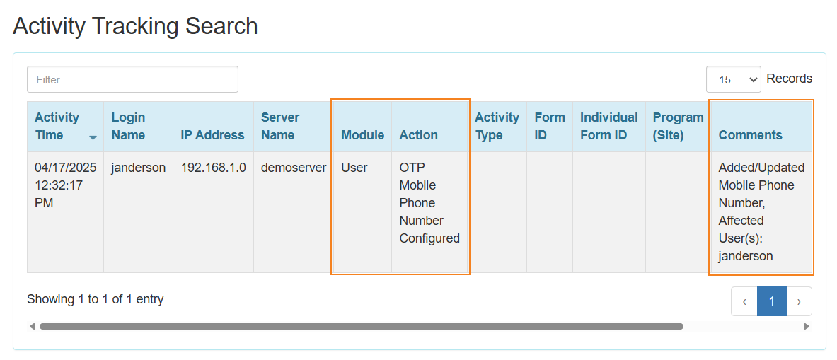 An image showing the Activity Tracking Search page as the activity OTP Mobile Phone Number Configured is listed.