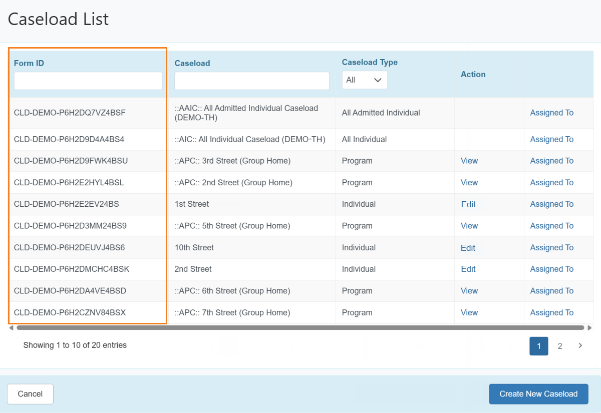 Image of the 'Caseload List' page highlighted the newly added Form ID column.