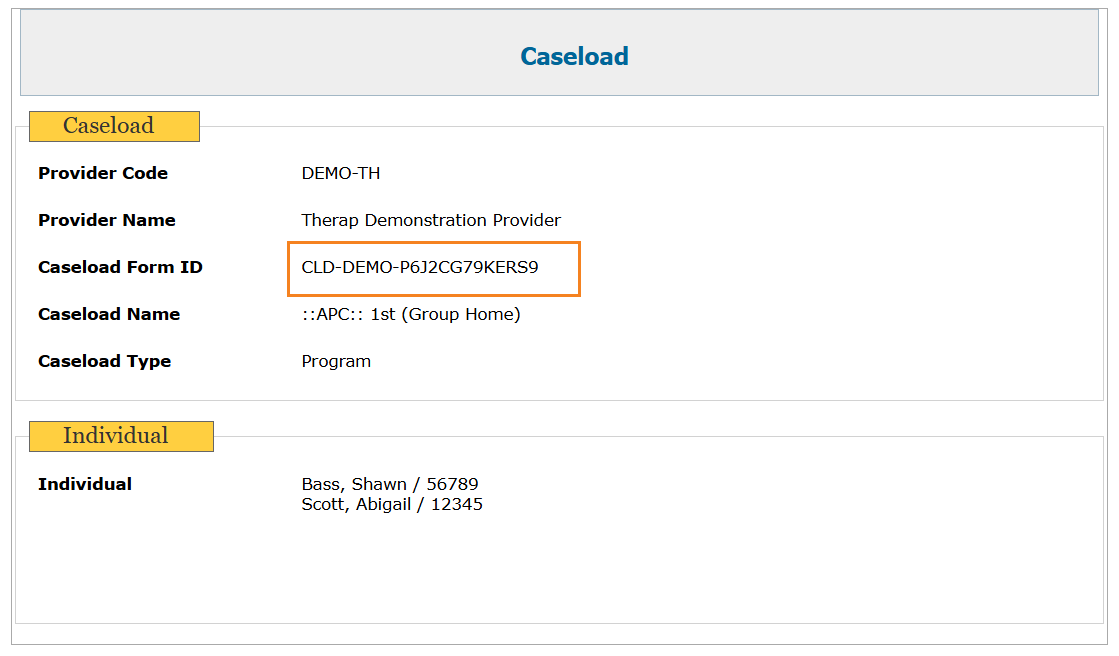 Image of the Update History and Archive pages of Caseloads highlighted the newly added Caseload Form ID label.