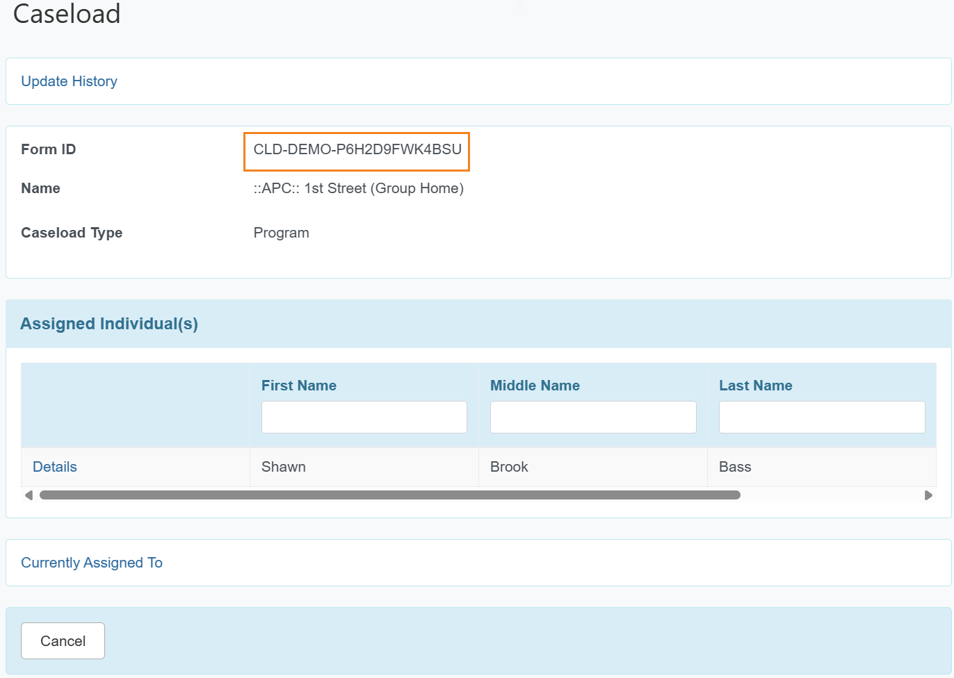 Image of the 'Caseload' page highlighted the newly added Form ID label and the Form ID of the Caseload.