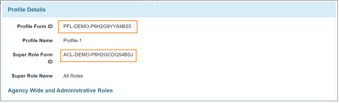 Image of the Profile Details page of highlighted the newly added Profile and Super Role Form ID label.