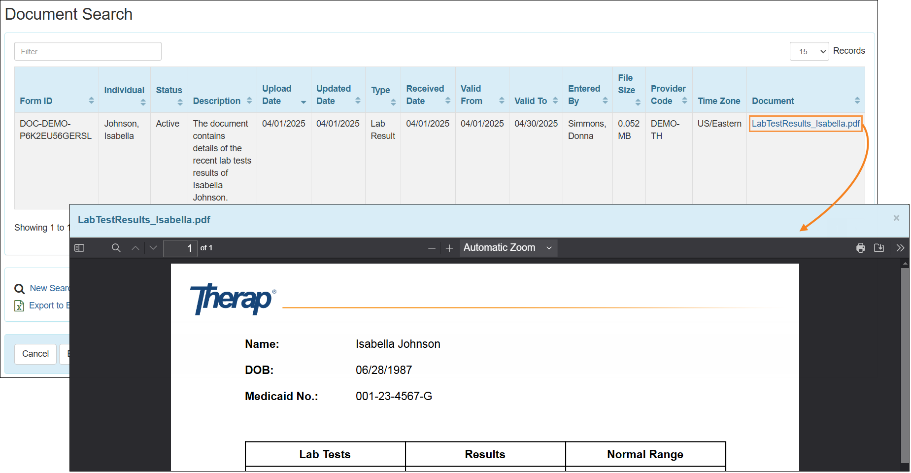 Screenshot showing the PDF Viewer in the Document Search result page.