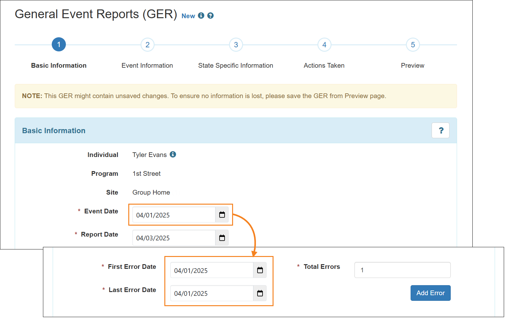 Screenshot showing the pre-populated First Error Date and Last Error Date fields.