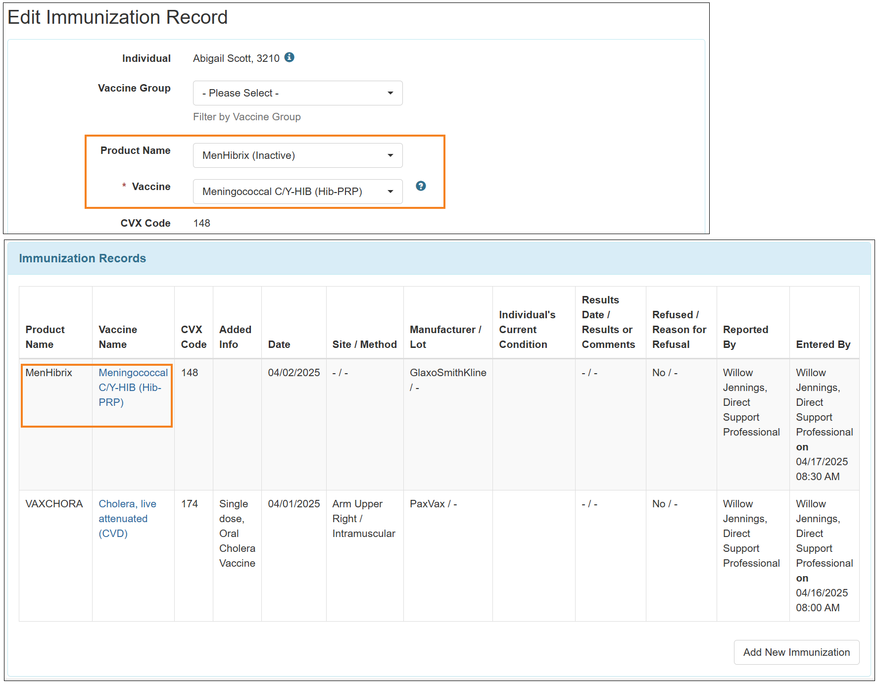 Screenshot showing the vaccine and product name.