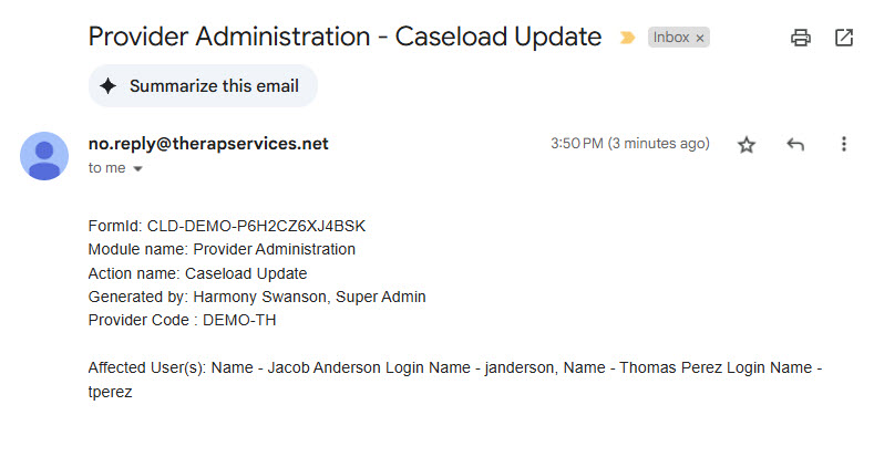 Image of the Email of receiving notification regarding any change related to Super Role and Caseload