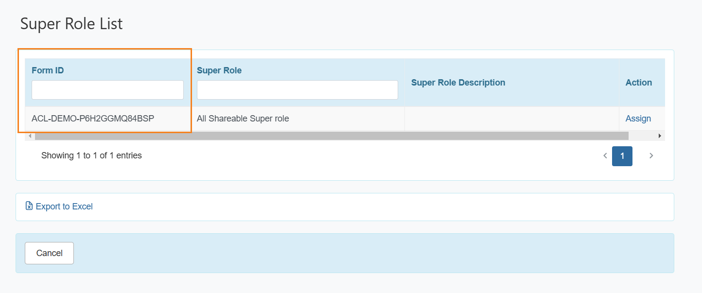 Image of the Super Role List page of Shareable Super Role on Overisght Provider highlighted the newly added Form ID column.