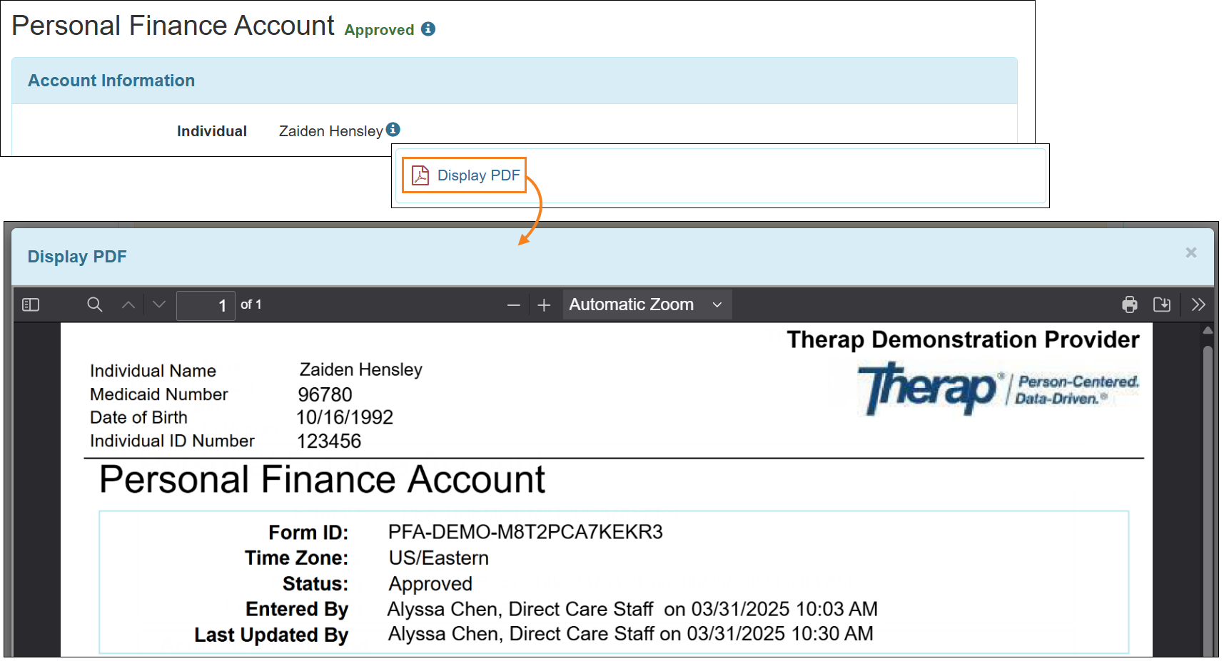 Screenshot showing the 'Display PDF' Link and the PDF view when clicking on the link.