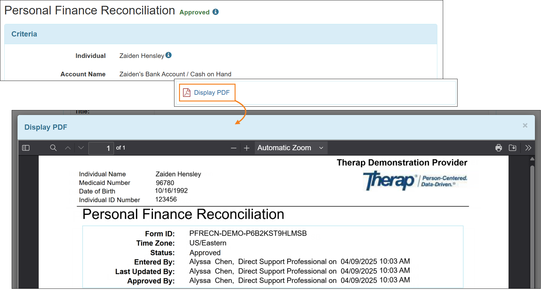 Screenshot showing the 'Display PDF' Link and the PDF view when clicking on the link.