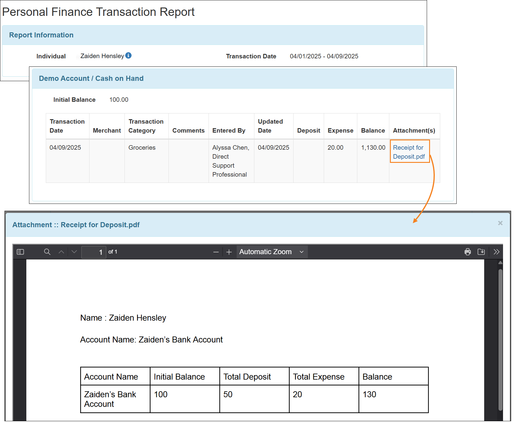 Screenshot showing the PDF Viewer from the Attachment section of the Personal Finance Transaction Report.