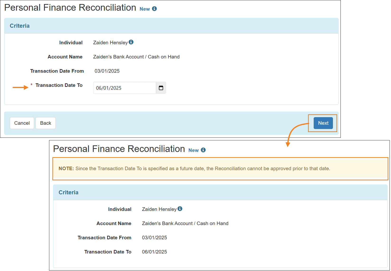 Screenshot showing Note at the top of the page.