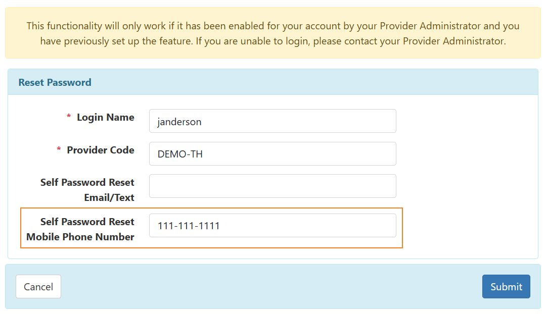 An image of the Reset Password page highlighting the Self Password Reset Mobile Phone Number field.