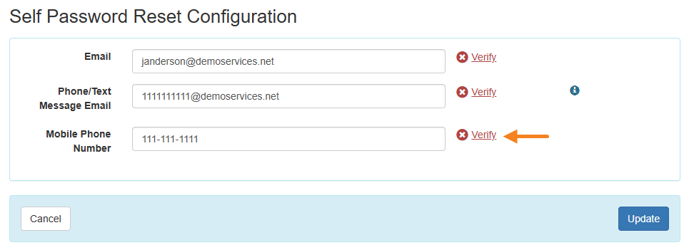 An image of the Self Password Reset Configuration page.