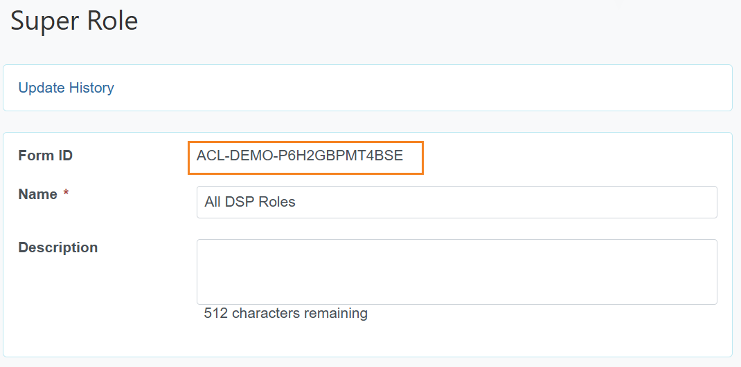 Image of the Super Role page of highlighted the newly added Form ID label.