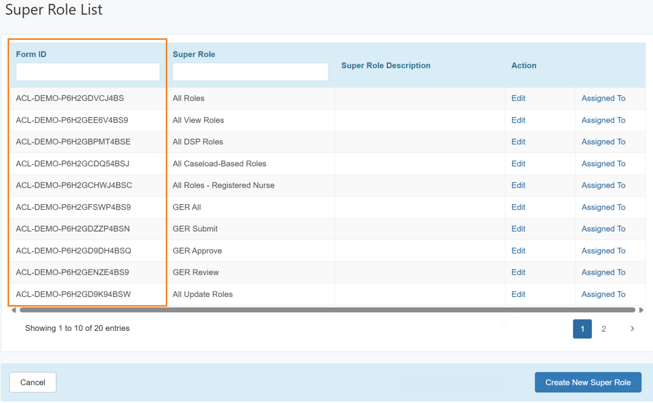 Image of the Super Role List page of highlighted the newly added  Form ID column.