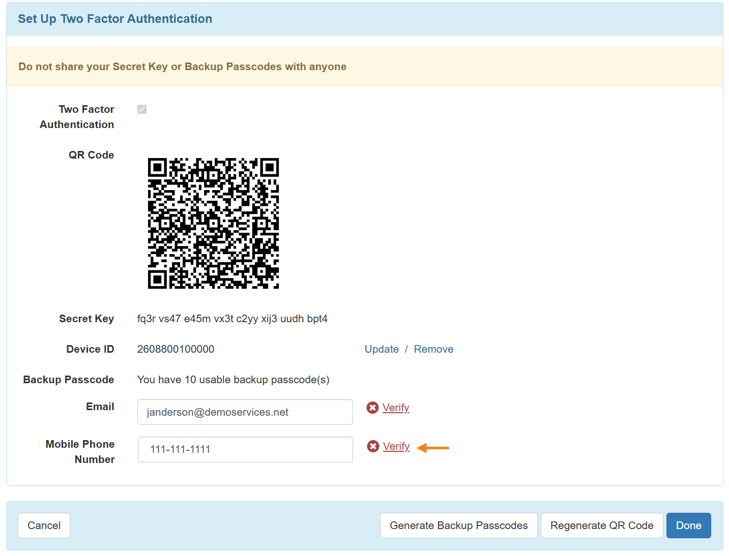 An image indicating the Mobile Phone Number field to verify on the Set Up Two Factor Authentication page.