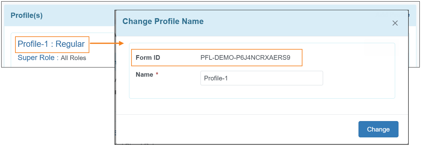 Image of the Chang Profile Name Pop-up highlighted the newly added Form ID label.